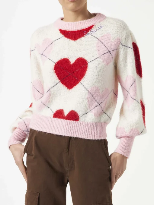 Maglione garzato da donna con jacquard argyle e cuori