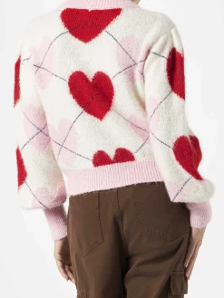 Maglione garzato da donna con jacquard argyle e cuori