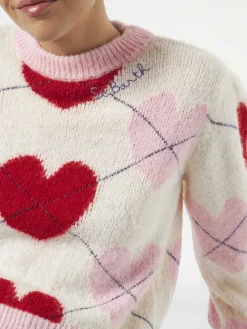 Maglione garzato da donna con jacquard argyle e cuori