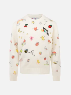 Maglione girocollo bianco da bambina Princess con stampa Saint Barth sketch