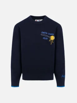 Maglione girocollo blu da bambino Douglas Light con ricamo Pasta lover
