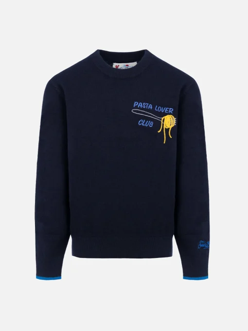Maglione girocollo blu da bambino Douglas Light con ricamo Pasta lover