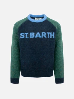 Maglione girocollo blu e verde da bambino Douglas con stampa St. Barth