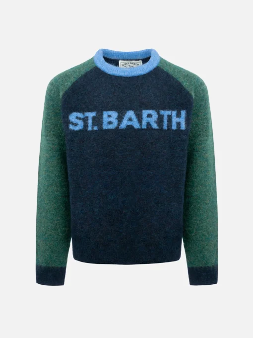 Maglione girocollo blu e verde da bambino Douglas con stampa St. Barth