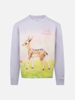 Maglione girocollo lilla da bambina Princess con stampa cerbiatto