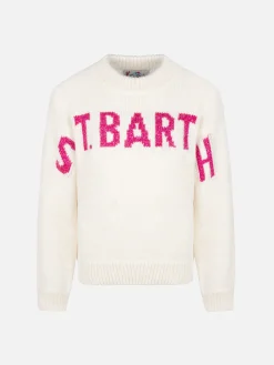 Maglione girocollo rosa da bambina Danya con logo Saint Barth in lurex