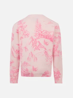 Maglione girocollo rosa da bambina Princess con stampa toile de jouy e ricamo Snow Princess
