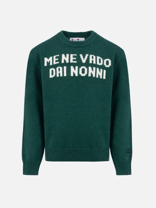 Maglione girocollo verde da bambino Douglas con stampa Me ne vado dai nonni
