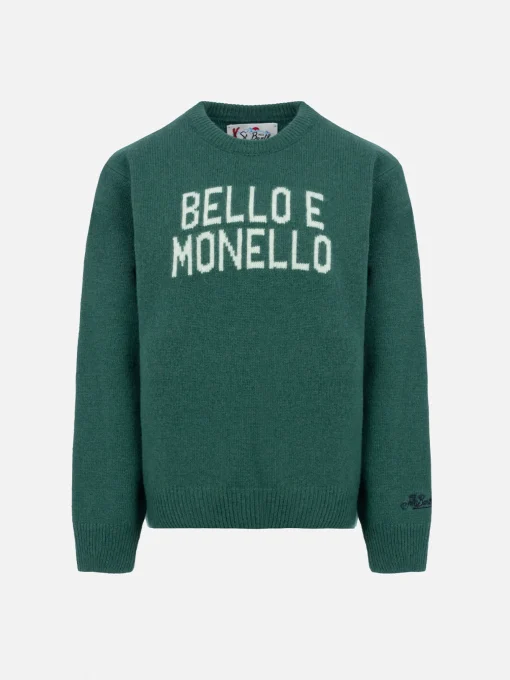 Maglione girocollo verde da bambino Douglas con stampa Bello e monello