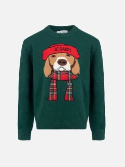 Maglione girocollo verde da bambino con sciarpa beagle Douglas