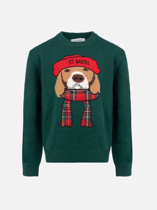Maglione girocollo verde da bambino con sciarpa beagle Douglas