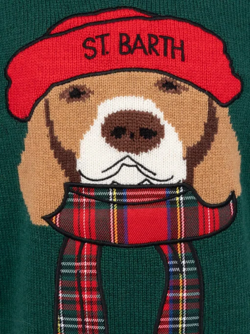 Maglione girocollo verde da bambino con sciarpa beagle Douglas