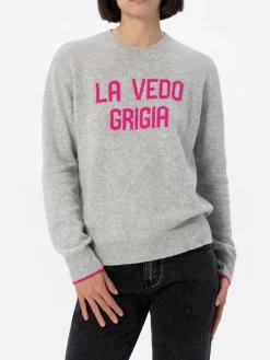 Maglione grigio da donna New Queen con stampa La vedo grigia
