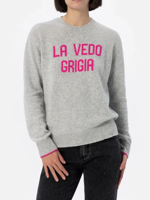 Maglione grigio da donna New Queen con stampa La vedo grigia