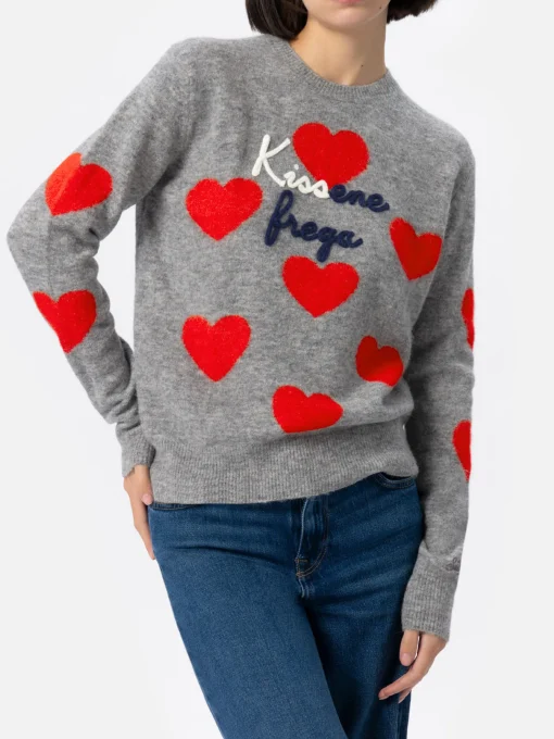 Maglione grigio da donna New Queen ricamo Kissene frega