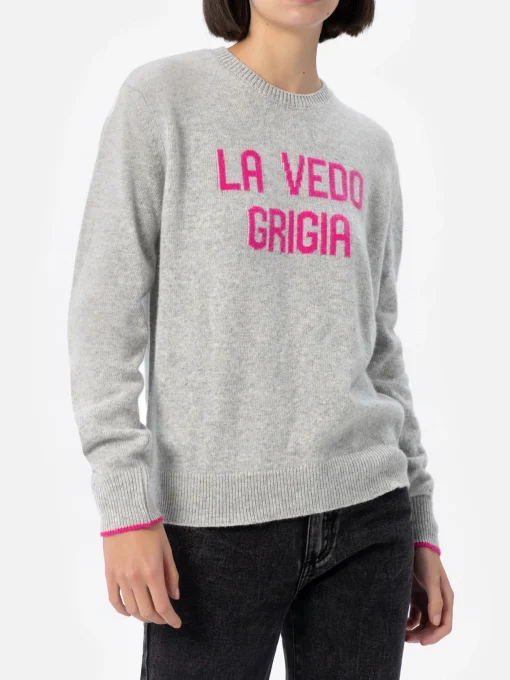 Maglione grigio da donna New Queen con stampa La vedo grigia
