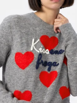 Maglione grigio da donna New Queen ricamo Kissene frega