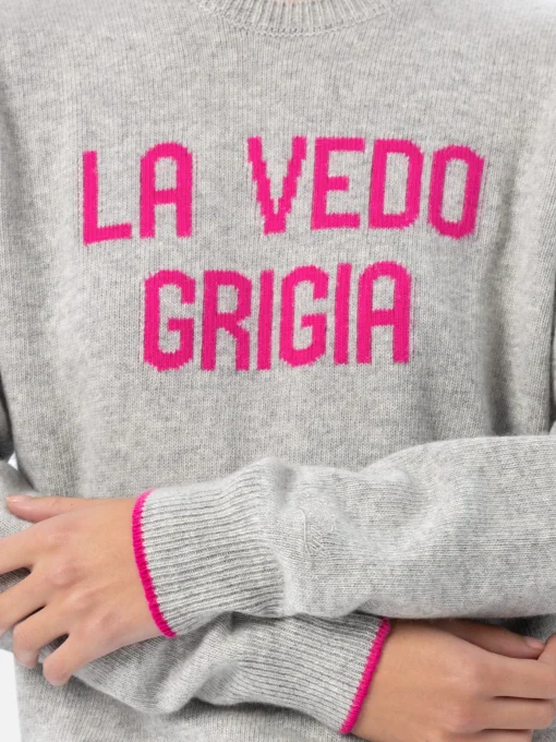 Maglione grigio da donna New Queen con stampa La vedo grigia