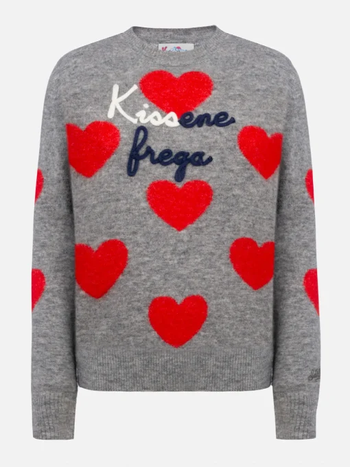 Maglione grigio da donna New Queen ricamo Kissene frega