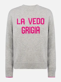 Maglione grigio da donna New Queen con stampa La vedo grigia