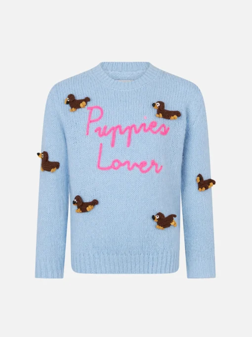 Maglione morbida girocollo da bambina con patch cani all'uncinetto e ricamo Puppies Lover