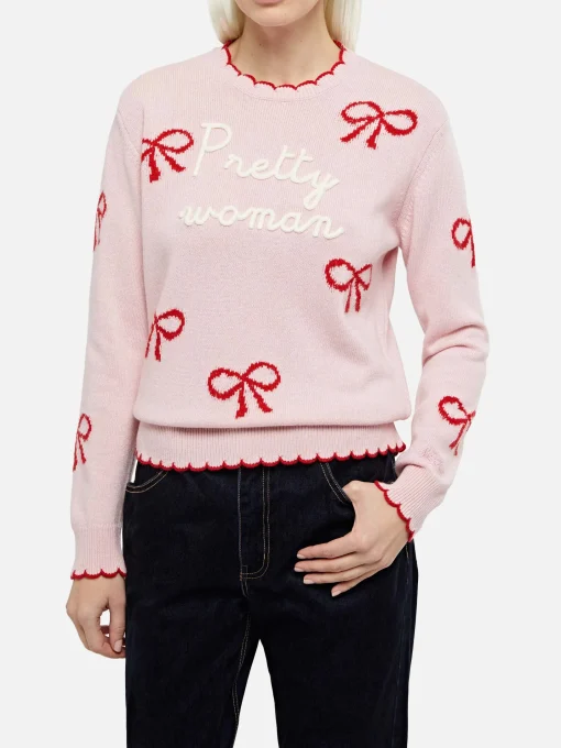 Maglione rosa da donna New Queen con ricamo Pretty Woman e stampa nastri