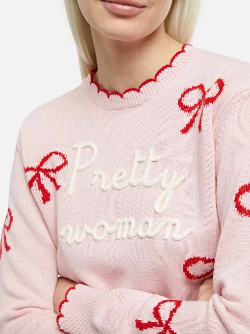 Maglione rosa da donna New Queen con ricamo Pretty Woman e stampa nastri