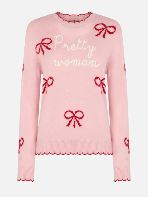 Maglione rosa da donna New Queen con ricamo Pretty Woman e stampa nastri