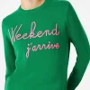Maglione verde con ricamo Weekend j'arrive rosa fluo