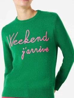 Maglione verde con ricamo Weekend j'arrive rosa fluo