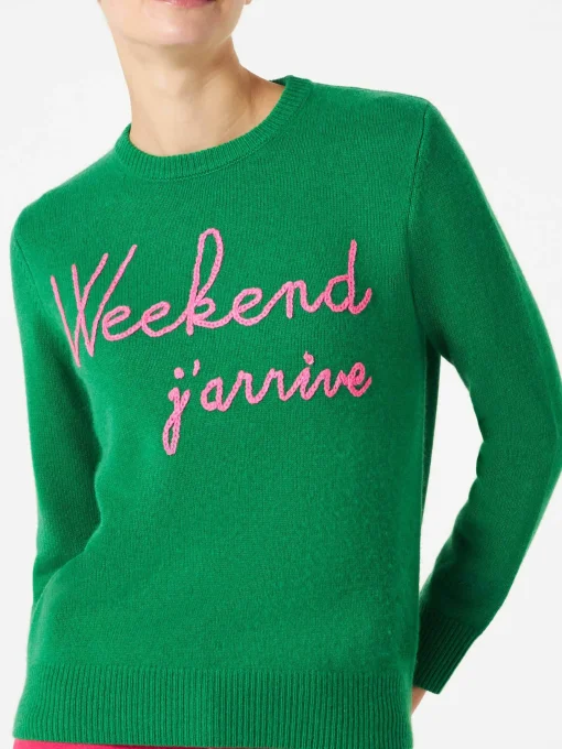 Maglione verde con ricamo Weekend j'arrive rosa fluo