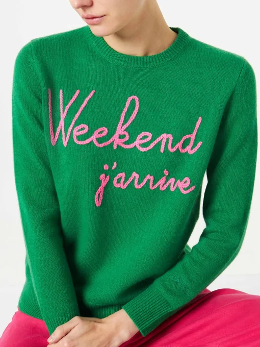 Maglione verde con ricamo Weekend j'arrive rosa fluo