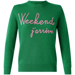 Maglione verde con ricamo Weekend j'arrive rosa fluo