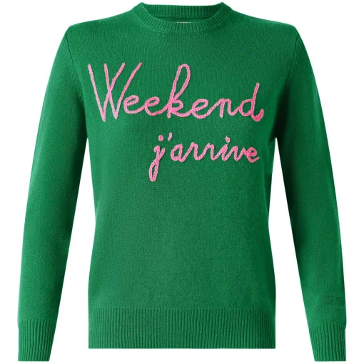Maglione verde con ricamo Weekend j'arrive rosa fluo