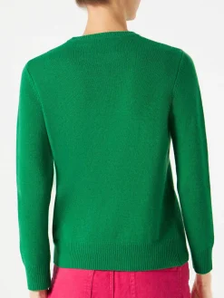 Maglione verde con ricamo Weekend j'arrive rosa fluo