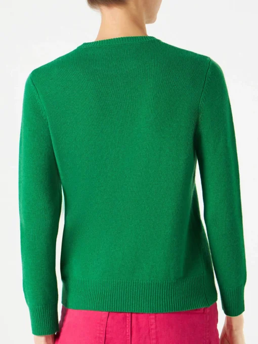 Maglione verde con ricamo Weekend j'arrive rosa fluo