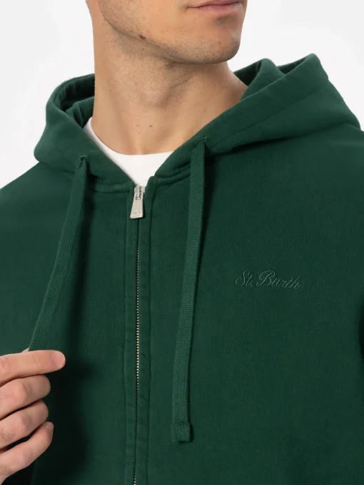 Man British green zipped and hooded sweatshirt with St. Barth embroidery