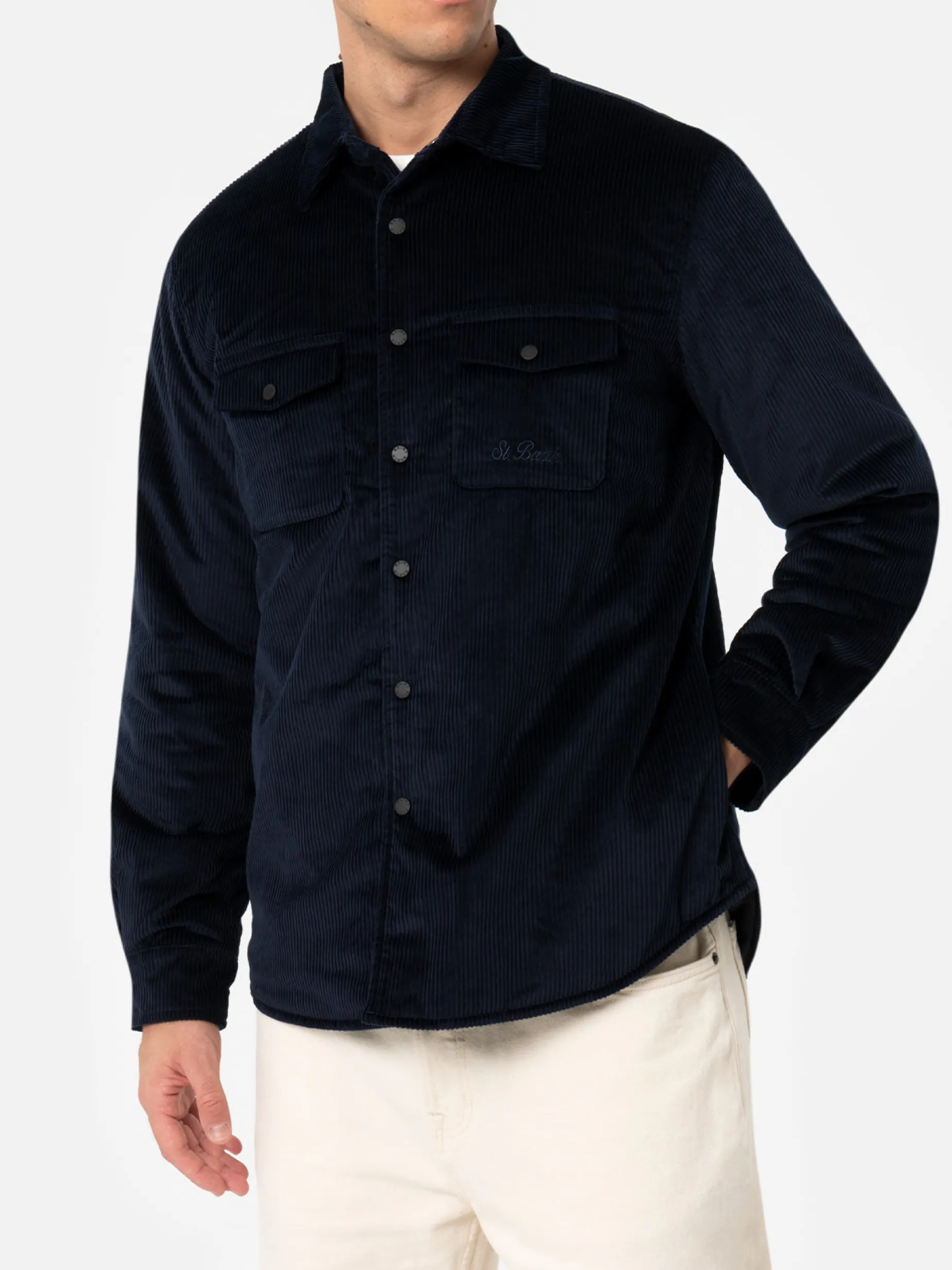 Man navy blue corduroy overshirt Chalet with St. Barth embroidery