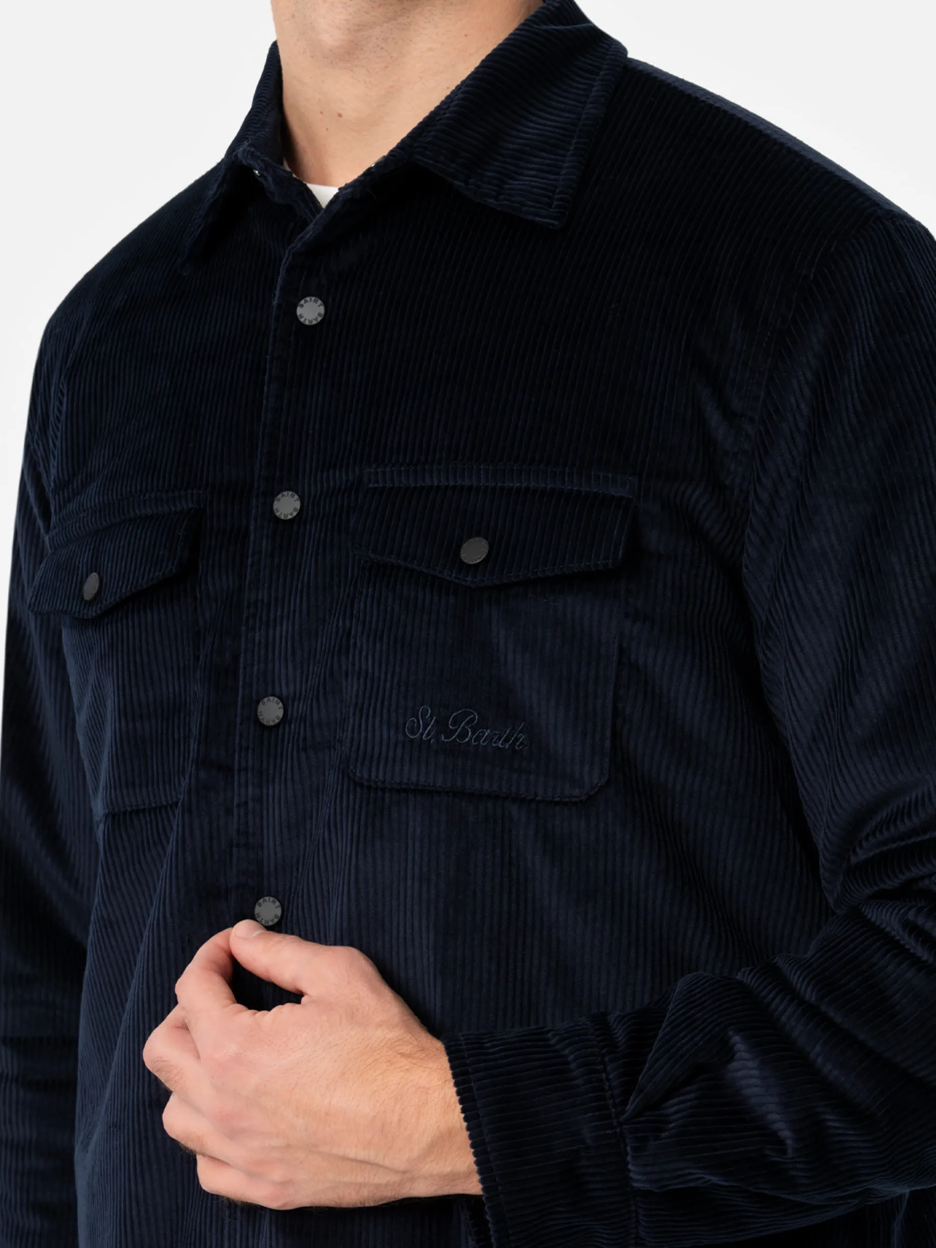 Man navy blue corduroy overshirt Chalet with St. Barth embroidery