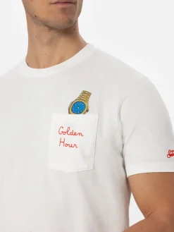 Man white cotton t-shirt Connor with Golden hour embroidery