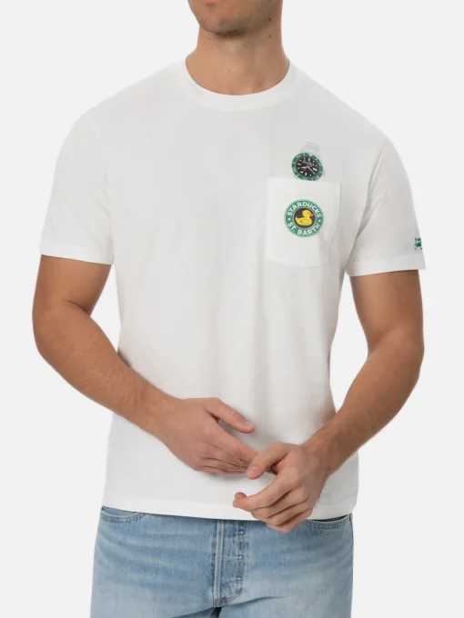 Man white cotton t-shirt Connor with ducky and watch print