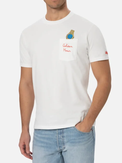 Man white cotton t-shirt Connor with Golden hour embroidery