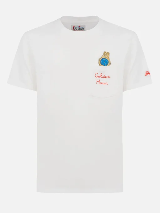 Man white cotton t-shirt Connor with Golden hour embroidery