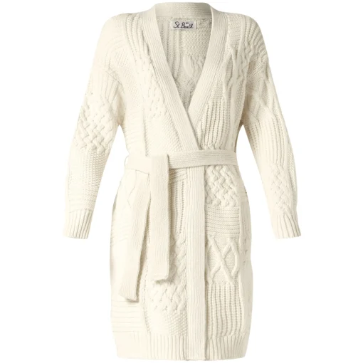 Maxi cardigan da donna con ricamo e cintura