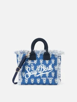 Mini Vanity bag in tela di cotone con stampa floreale indaco