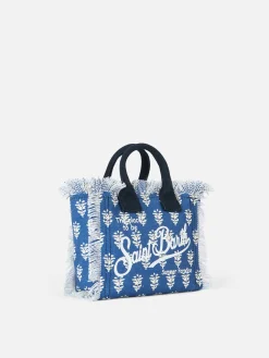 Mini Vanity bag in tela di cotone con stampa floreale indaco