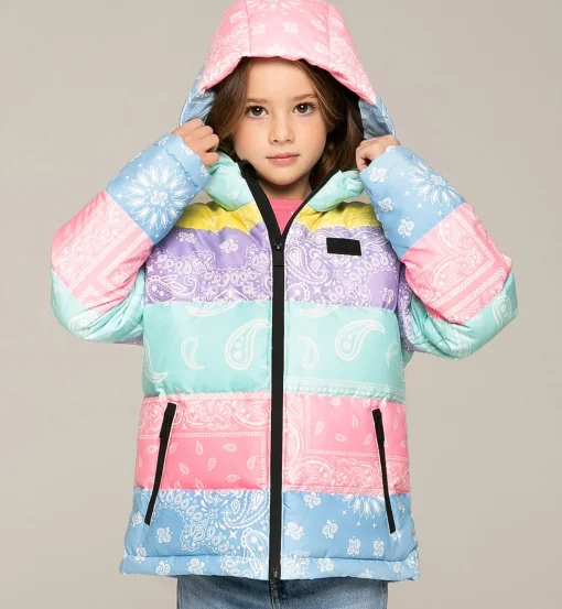 Piumino da bambina con cappuccio imbottito stampa bandana