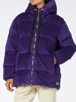 Piumino da donna imbottito in velluto a coste viola con cappuccio