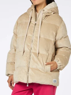 Piumino da donna imbottito in velluto a coste beige con cappuccio