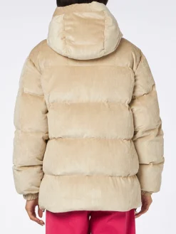 Piumino da donna imbottito in velluto a coste beige con cappuccio